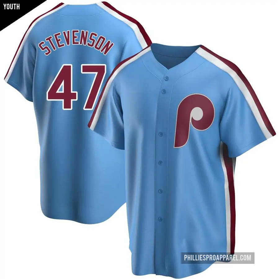 Youth Philadelphia Phillies ＃47 Cal Stevenson Replica Light Blue Road Cooperstown Collection Jersey